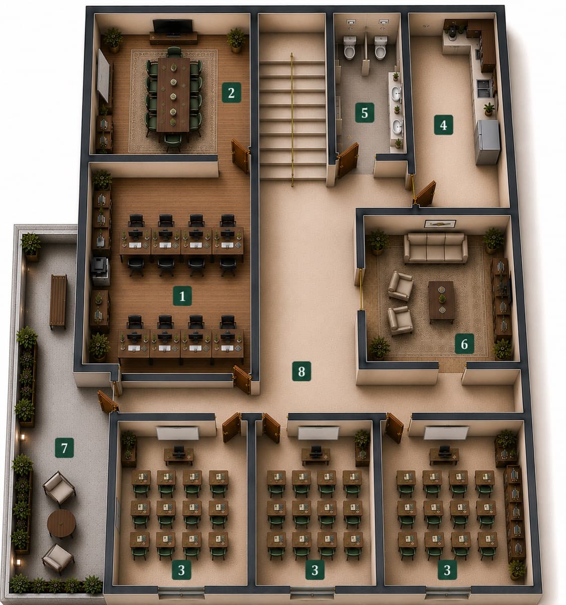 2. Stock · Lehrerzimmer · Klassenräume · Terrasse
