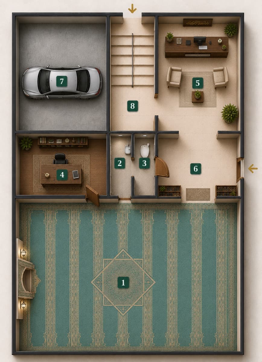 Erdgeschoss · Gebetssaal · Büro · Empfang · Garage